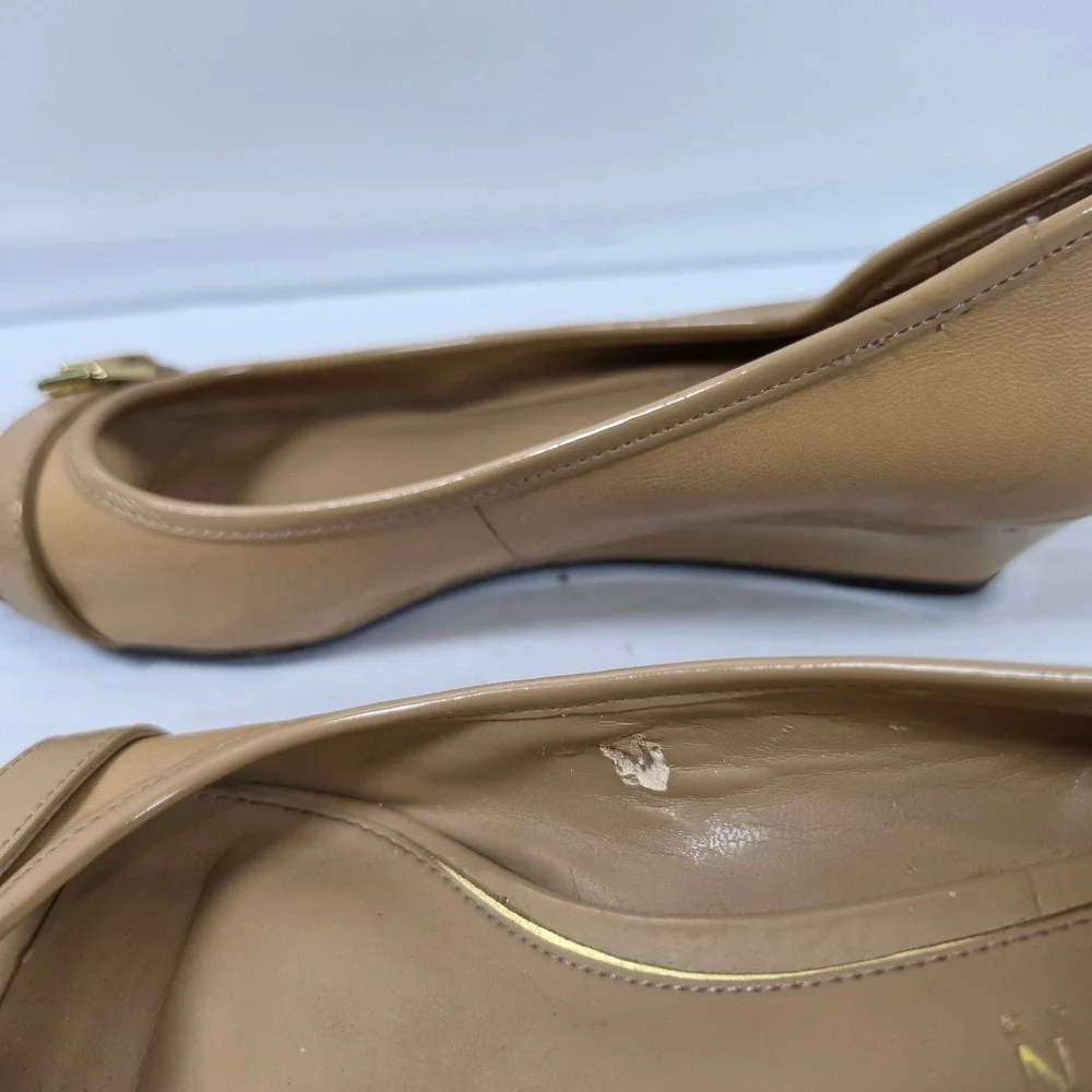 Lauren Ralph Lauren Tan Leather Peep Toe Wedge Heels Buckle Detail‎ Beige Pumps